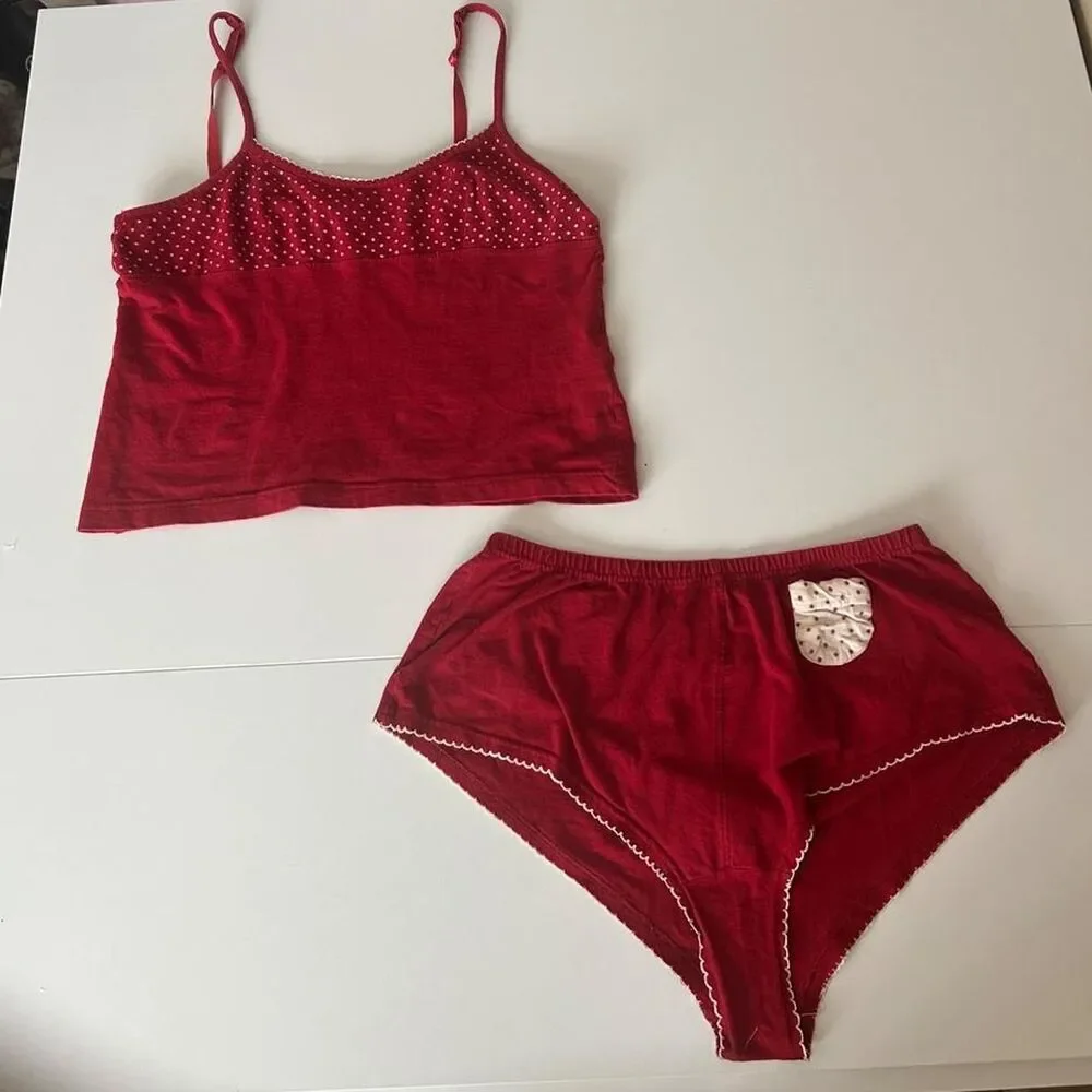 Red polka dot tank top and matching shorts pajama intimate set